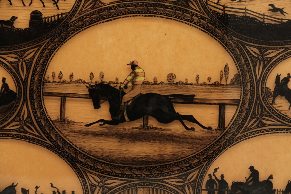 A Victorian framed reverse glass painting featuring multiple oval vignettes of equestrian hunting, coaching, and racing silhouettes set against a sepia background. View VI