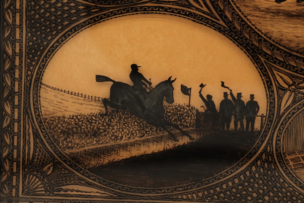 A Victorian framed reverse glass painting featuring multiple oval vignettes of equestrian hunting, coaching, and racing silhouettes set against a sepia background. View VII