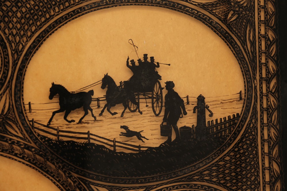 A Victorian framed reverse glass painting featuring multiple oval vignettes of equestrian hunting, coaching, and racing silhouettes set against a sepia background. View VIII