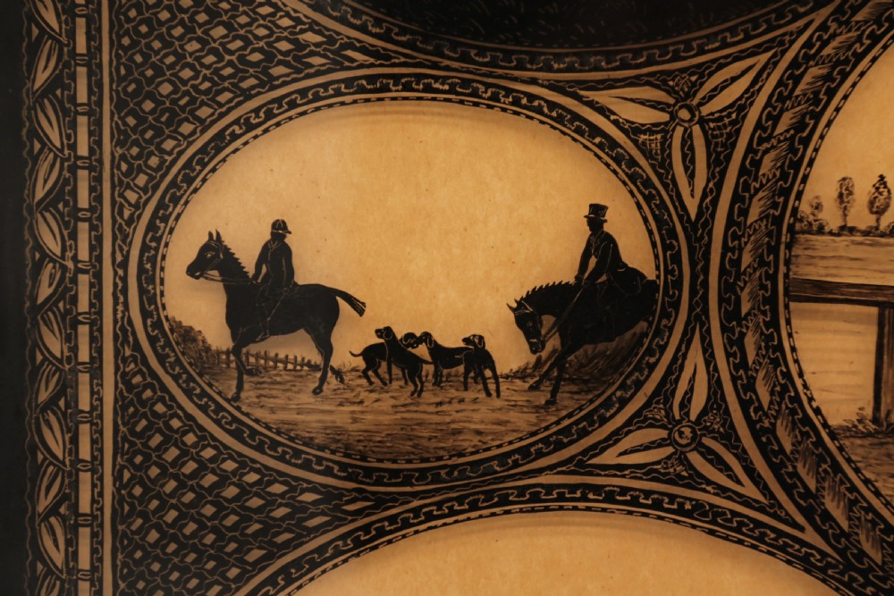 A Victorian framed reverse glass painting featuring multiple oval vignettes of equestrian hunting, coaching, and racing silhouettes set against a sepia background. View IX