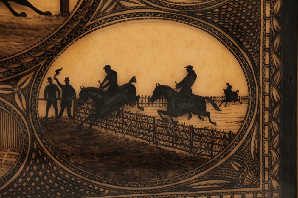 A Victorian framed reverse glass painting featuring multiple oval vignettes of equestrian hunting, coaching, and racing silhouettes set against a sepia background. View X