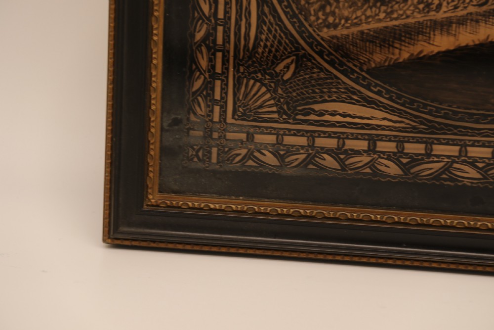A Victorian framed reverse glass painting featuring multiple oval vignettes of equestrian hunting, coaching, and racing silhouettes set against a sepia background. View XI