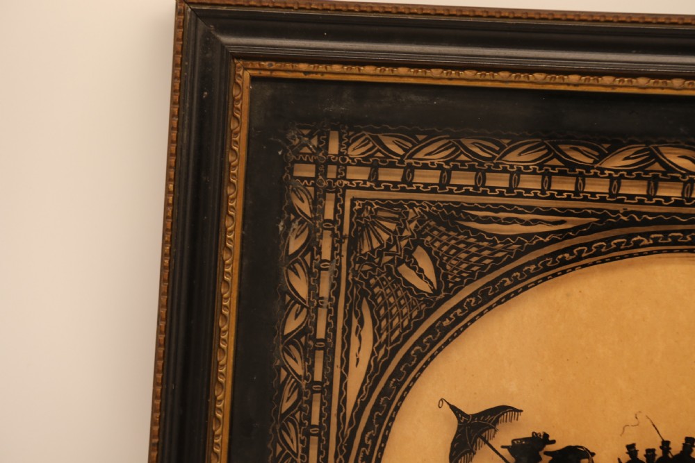 A Victorian framed reverse glass painting featuring multiple oval vignettes of equestrian hunting, coaching, and racing silhouettes set against a sepia background. View XII
