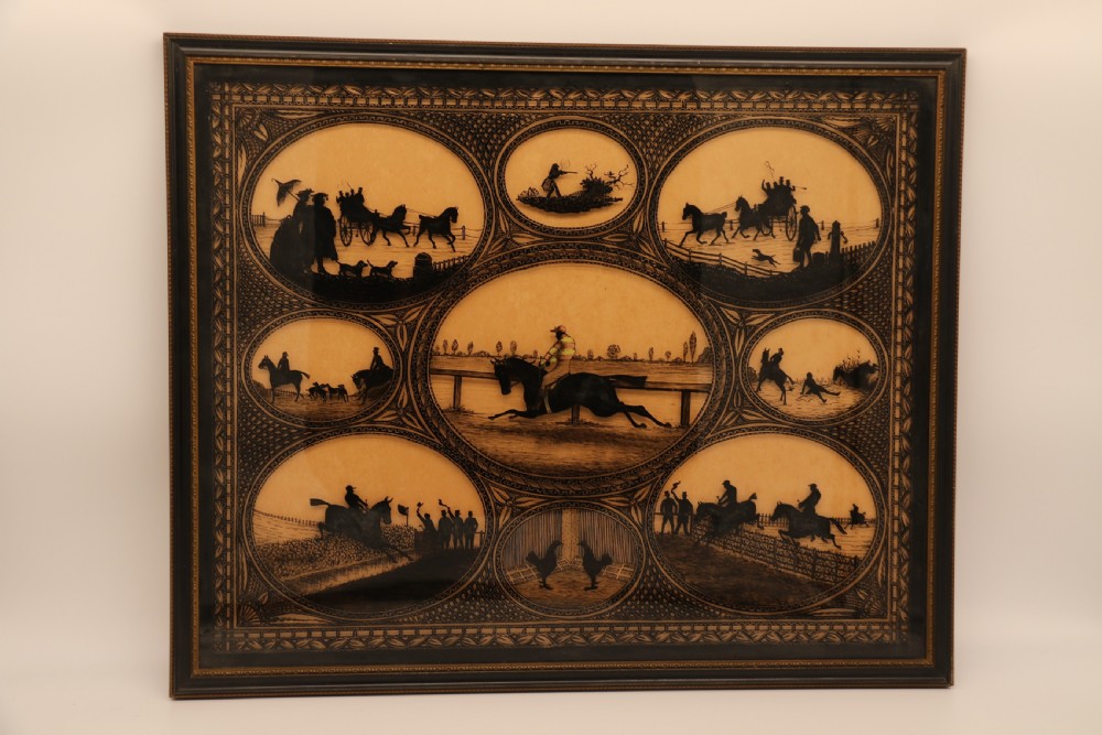 A Victorian framed reverse glass painting featuring multiple oval vignettes of equestrian hunting, coaching, and racing silhouettes set against a sepia background. View XIII