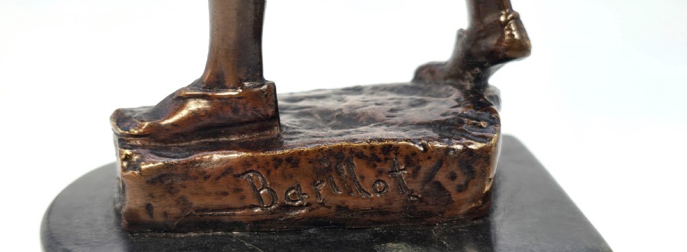 A dark bronze sculpture of a bearded Greek archer wearing a helmet and drawing a bow, mounted on a dark stone base. View IX