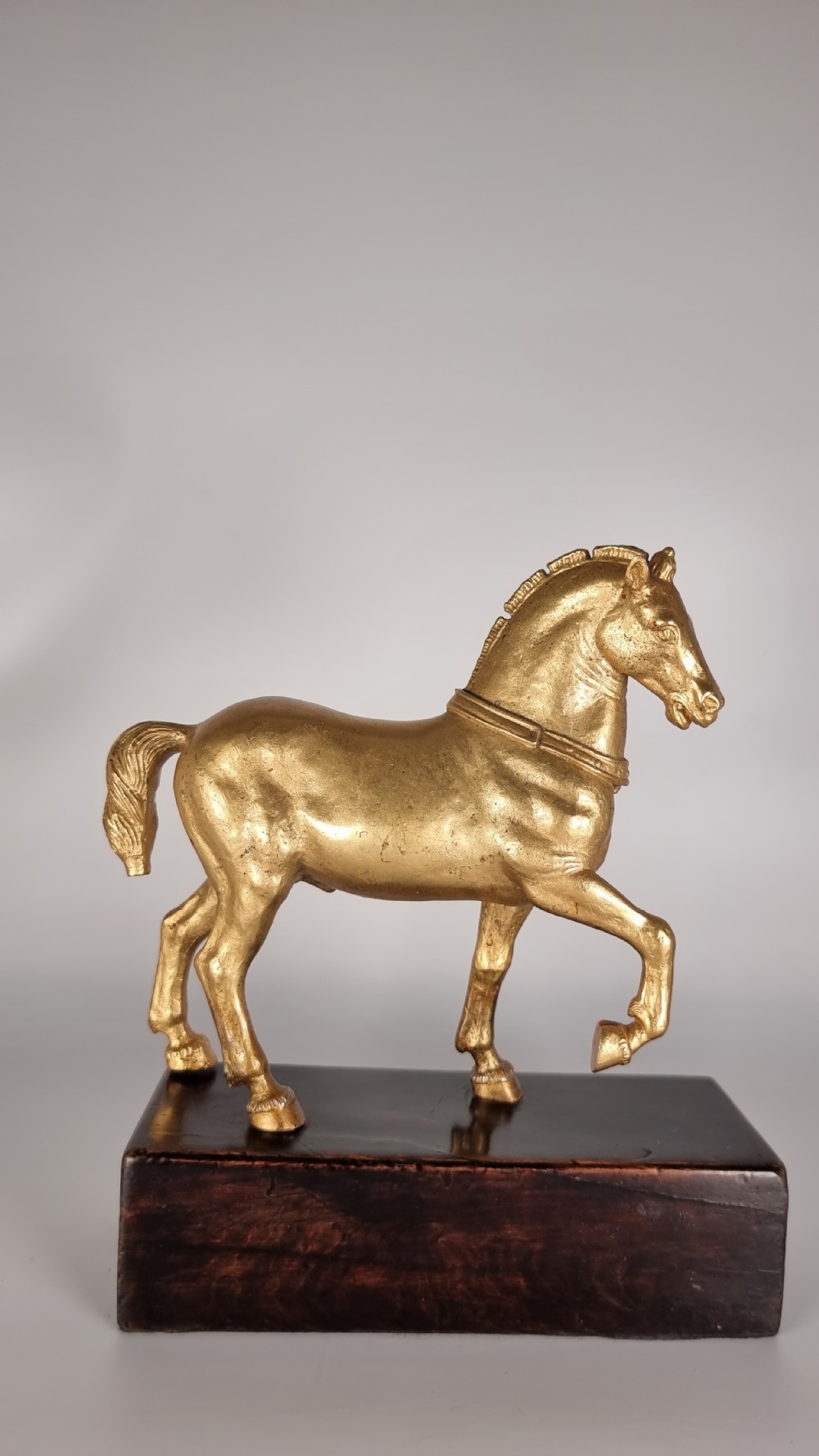 A pair of 19th-century Italian gilt bronze horse sculptures depicted facing each other, mounted on rectangular dark olive wood bases. View II