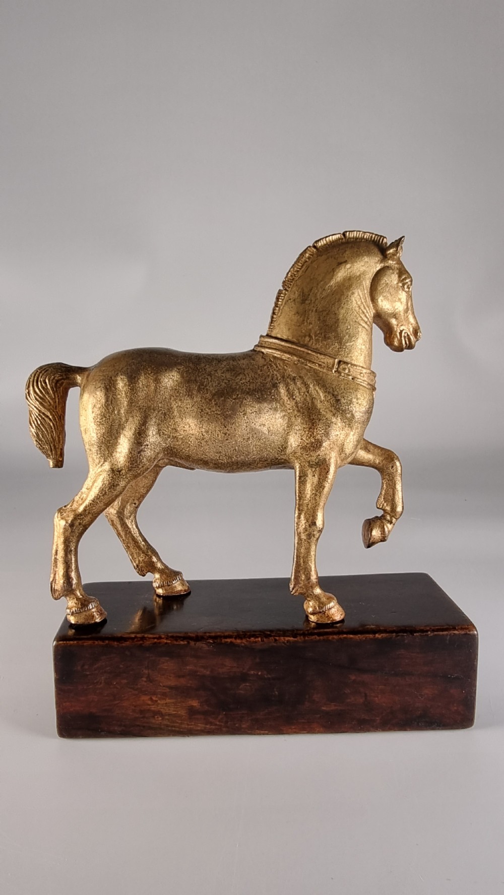 A pair of 19th-century Italian gilt bronze horse sculptures depicted facing each other, mounted on rectangular dark olive wood bases. View XII
