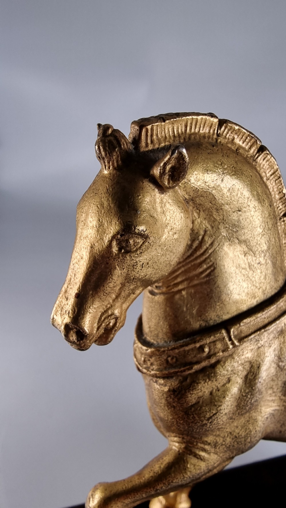 A pair of 19th-century Italian gilt bronze horse sculptures depicted facing each other, mounted on rectangular dark olive wood bases. View XIV
