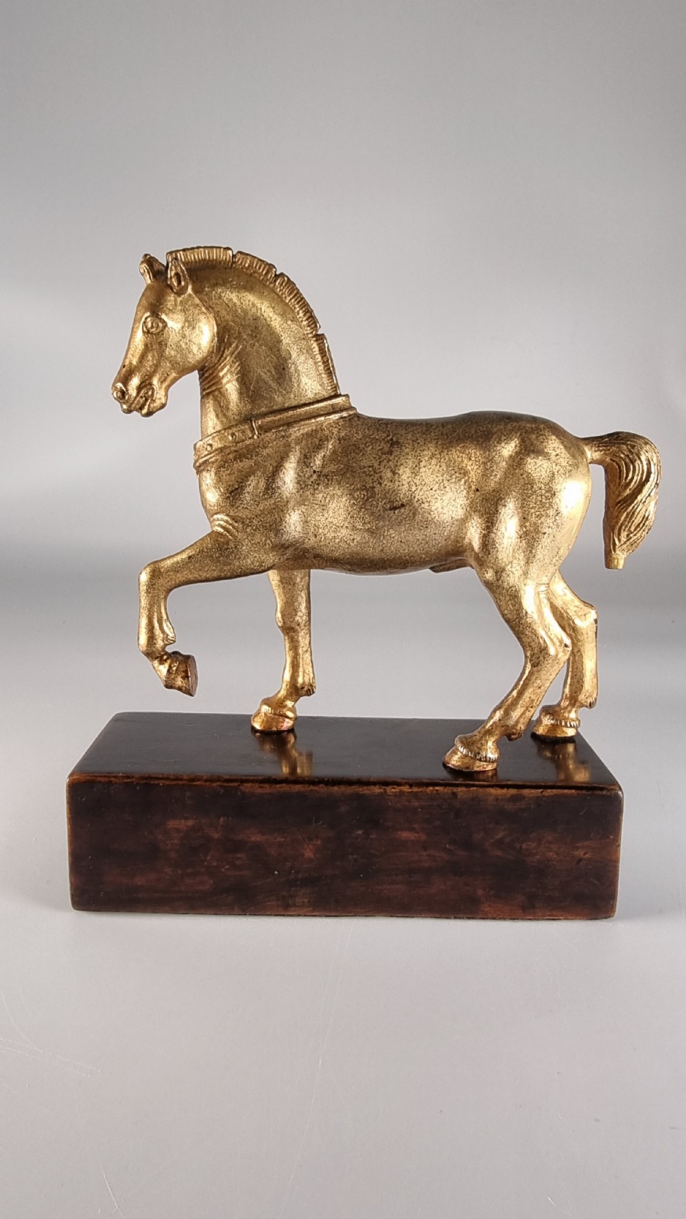 A pair of 19th-century Italian gilt bronze horse sculptures depicted facing each other, mounted on rectangular dark olive wood bases. View XVI