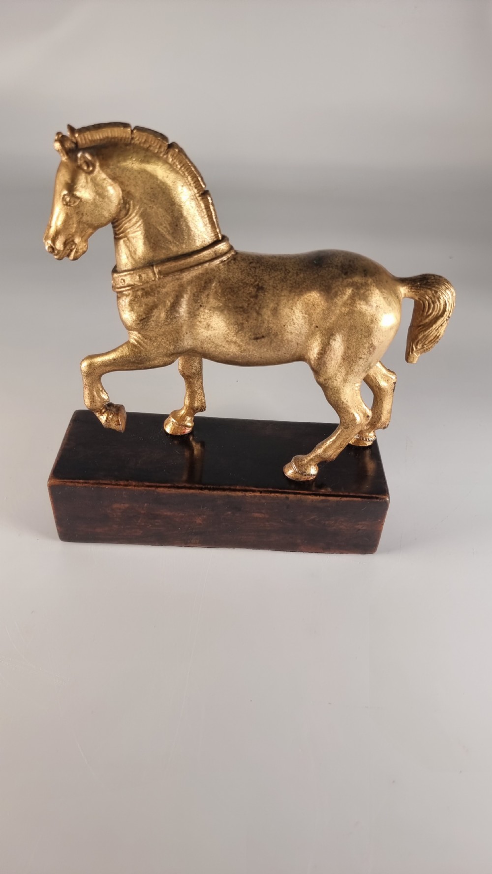 A pair of 19th-century Italian gilt bronze horse sculptures depicted facing each other, mounted on rectangular dark olive wood bases. View XVII