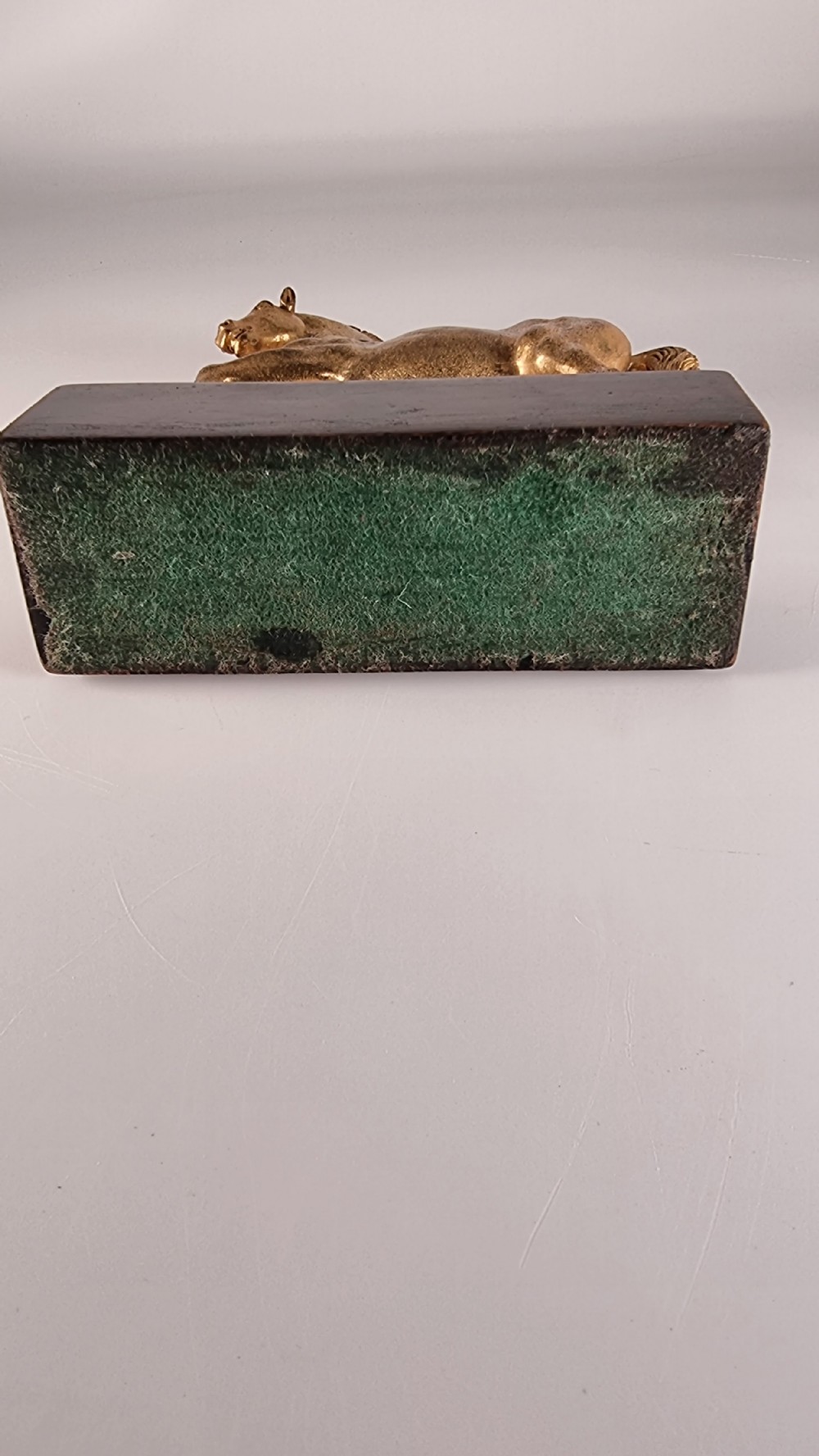 A pair of 19th-century Italian gilt bronze horse sculptures depicted facing each other, mounted on rectangular dark olive wood bases. View XVIII