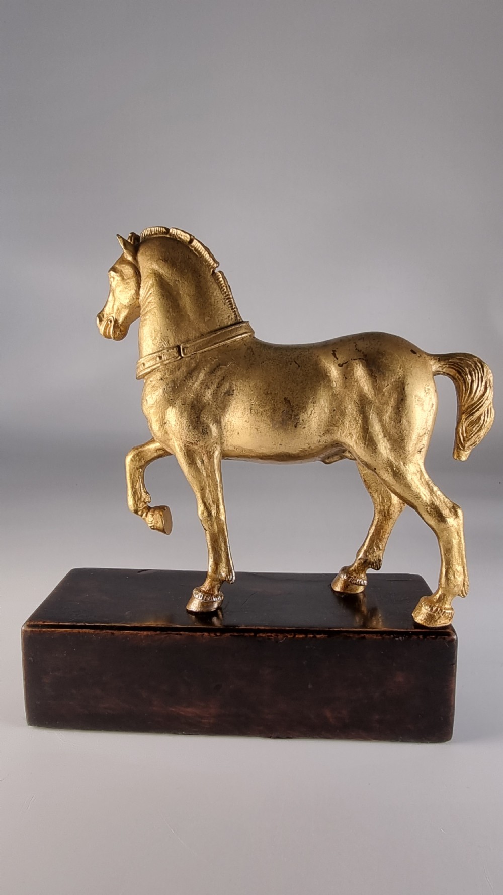 A pair of 19th-century Italian gilt bronze horse sculptures depicted facing each other, mounted on rectangular dark olive wood bases. View XXIV