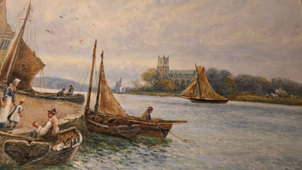An oil painting depicting a harbour scene with sailboats and buildings, encased in a carved gold gilt frame. View IV