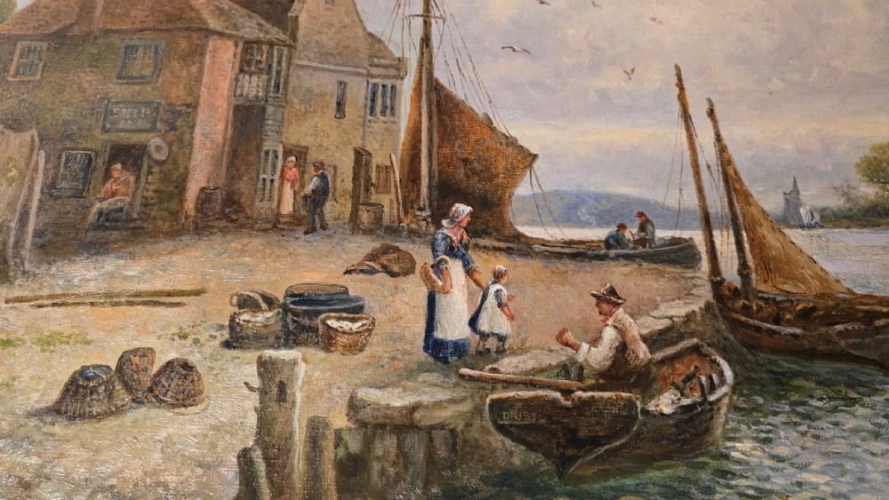 An oil painting depicting a harbour scene with sailboats and buildings, encased in a carved gold gilt frame. View VI