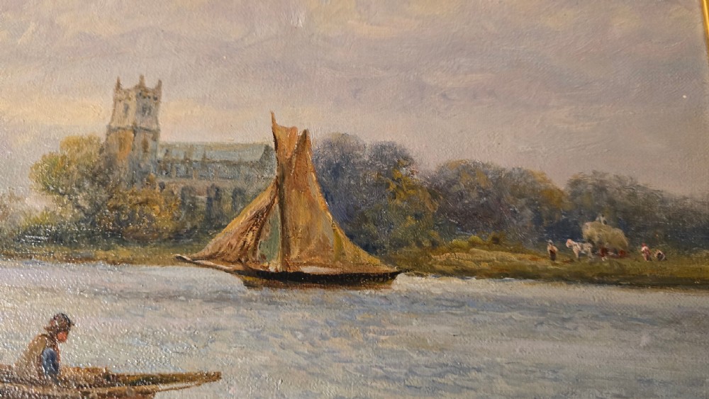 An oil painting depicting a harbour scene with sailboats and buildings, encased in a carved gold gilt frame. View XII