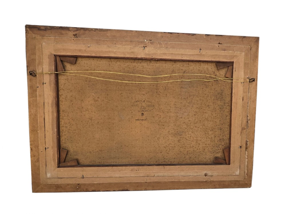 An oil painting depicting a harbour scene with sailboats and buildings, encased in a carved gold gilt frame. View XV