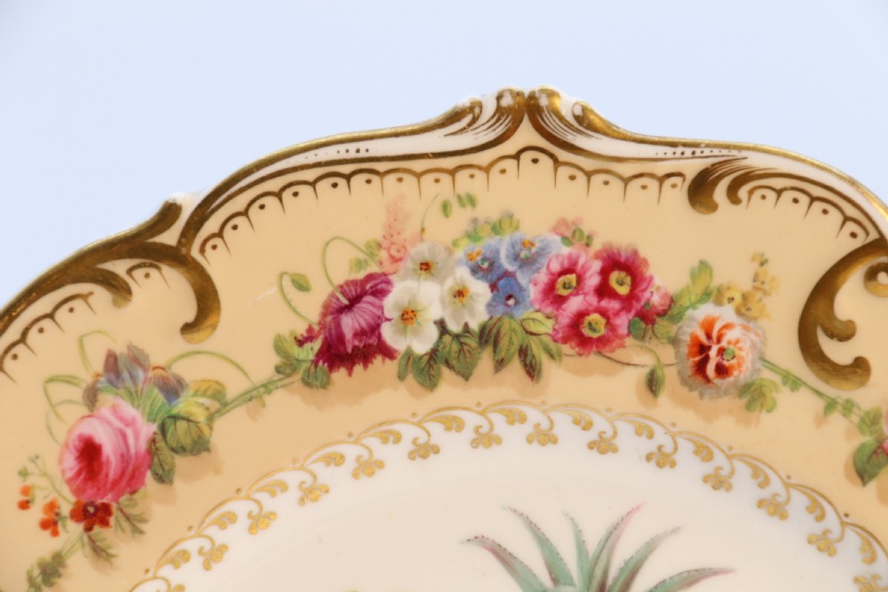 A cream-coloured circular porcelain cabinet plate featuring a scalloped gilded rim, floral swags, and a central hand-painted motif of a pineapple, grapes, and fruit. View VII