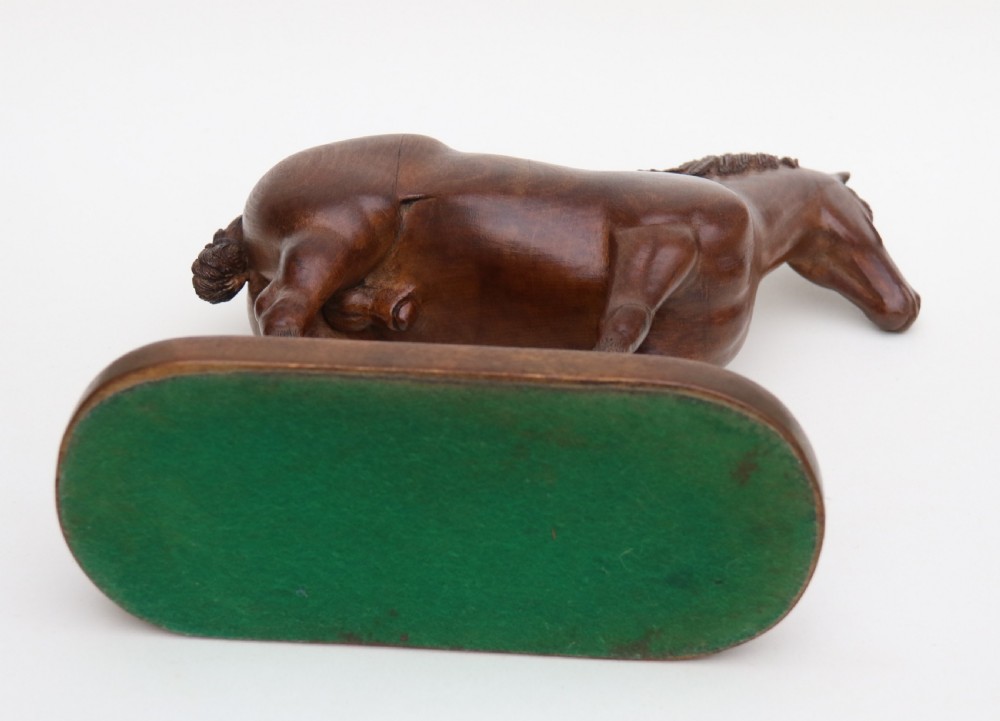 A hand-carved wooden sculpture depicting a Belgian draught horse stallion standing on an integral oval wood base. View XIX