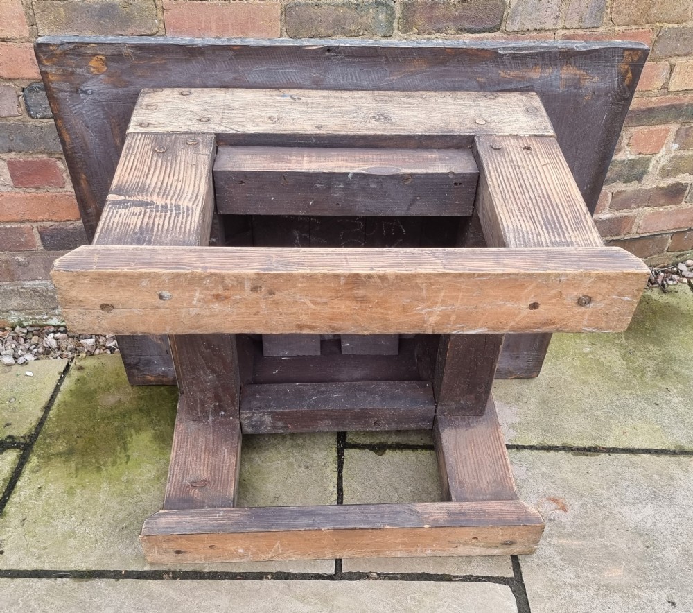 A low square rustic oak coffee table featuring a dark hand-painted geometric top and heavy timber legs. View XIII