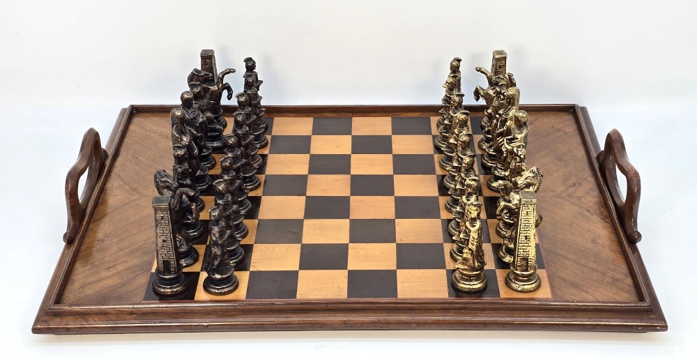 Reversable chess board and Sorrento ware tray with bronze chess pieces c.1880