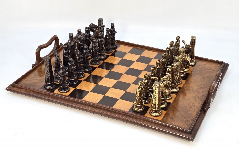 Reversable chess board and Sorrento ware tray with bronze chess pieces c.1880 View II