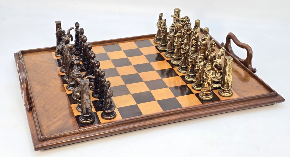 Reversable chess board and Sorrento ware tray with bronze chess pieces c.1880 View III