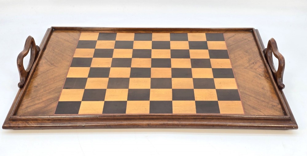 Reversable chess board and Sorrento ware tray with bronze chess pieces c.1880 View IV
