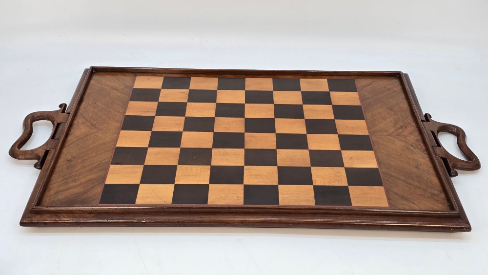 Reversable chess board and Sorrento ware tray with bronze chess pieces c.1880 View VI