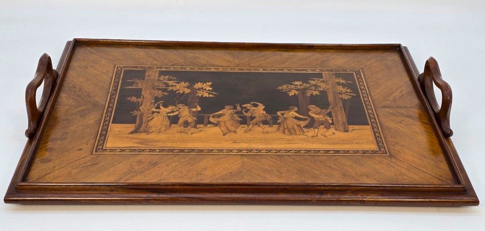 Reversable chess board and Sorrento ware tray with bronze chess pieces c.1880 View VII