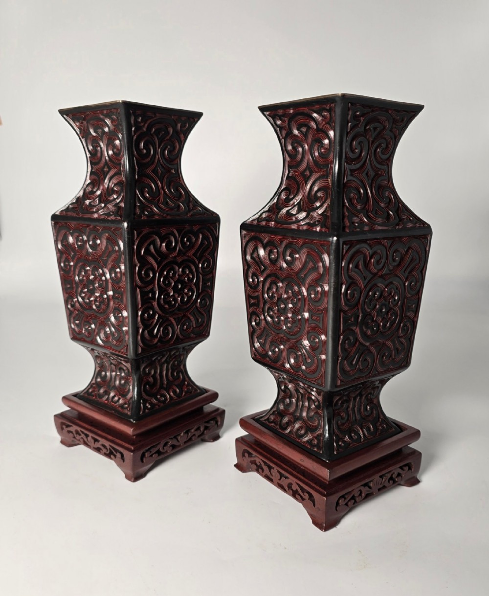 A pair of Chinese Republican period cinnabar lacquer vases and stands C1920
