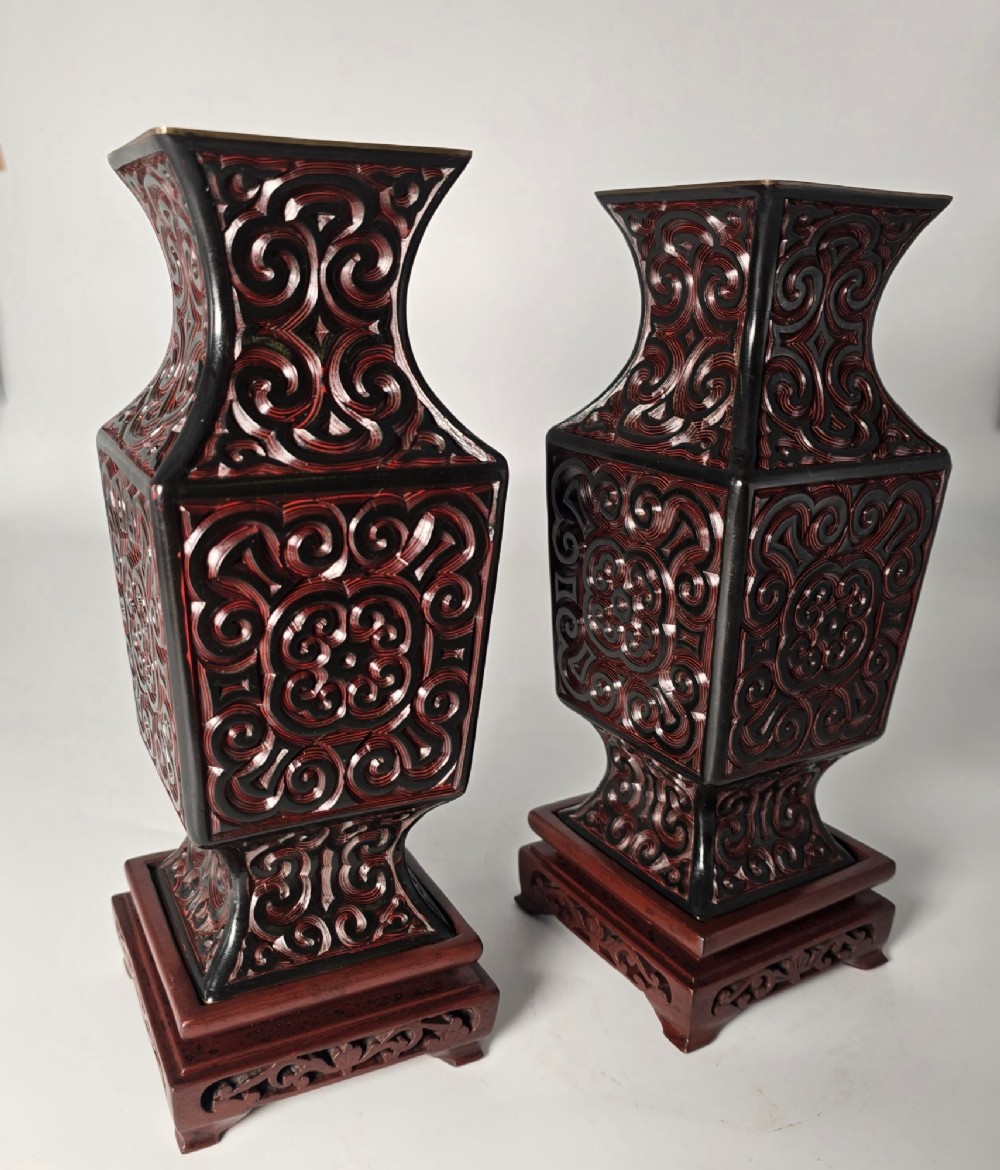 A pair of Chinese Republican period cinnabar lacquer vases and stands C1920 View III