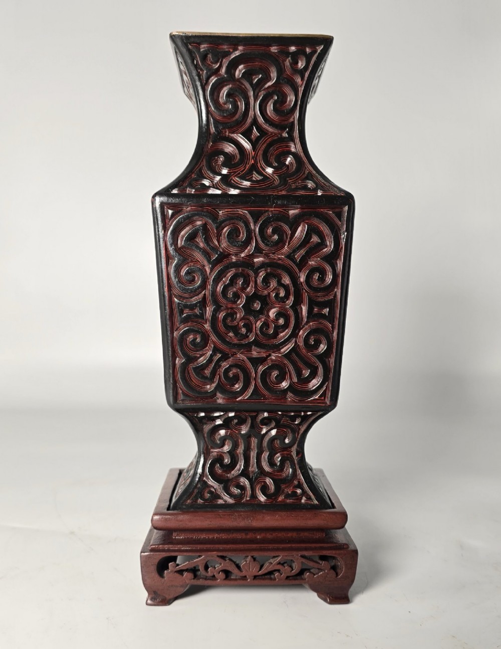A pair of Chinese Republican period cinnabar lacquer vases and stands C1920 View V