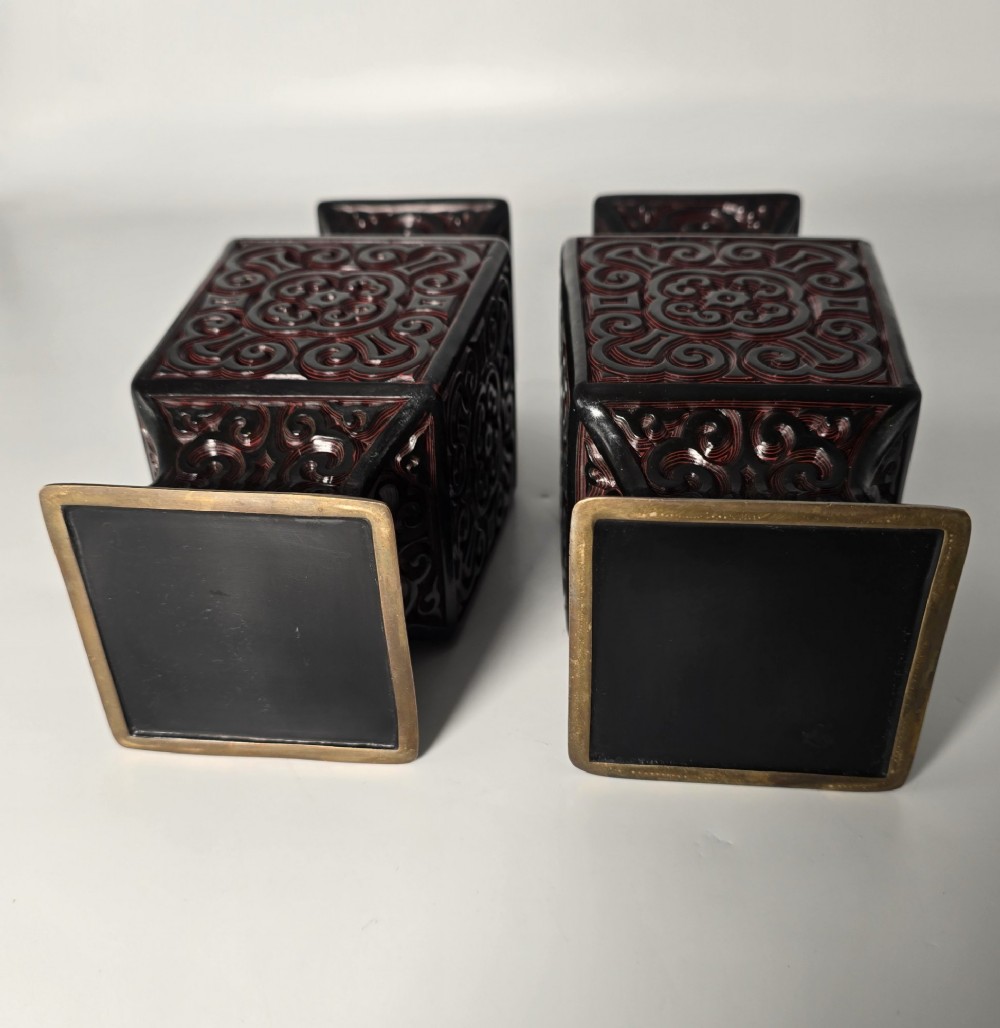 A pair of Chinese Republican period cinnabar lacquer vases and stands C1920 View XI