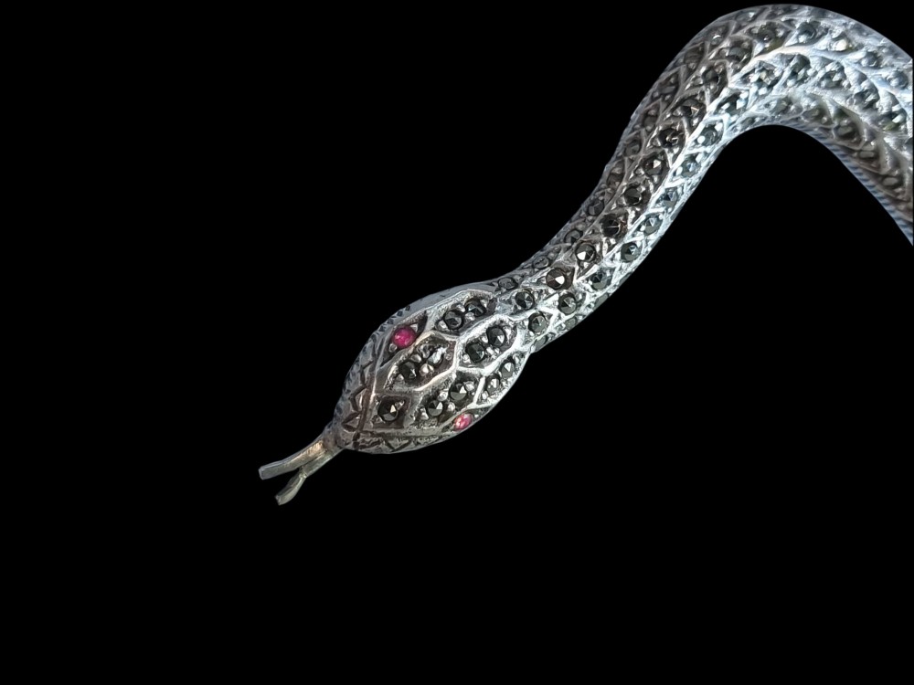 An Art Deco sterling silver brooch formed in the shape of an undulating snake, encrusted with pave-set marcasite stones and detailed with red stone eyes. View VI
