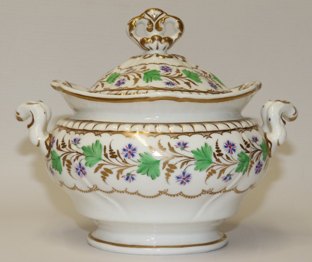 A white Regency Spode felspar porcelain covered sucrier featuring hand-painted green leaves, blue cornflowers, twin scrolled handles, and gilded embellishments.
