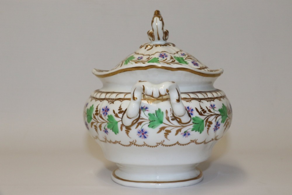 A white Regency Spode felspar porcelain covered sucrier featuring hand-painted green leaves, blue cornflowers, twin scrolled handles, and gilded embellishments. View III