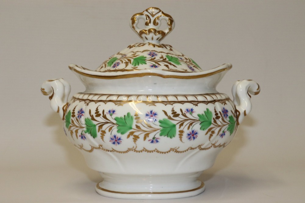 A white Regency Spode felspar porcelain covered sucrier featuring hand-painted green leaves, blue cornflowers, twin scrolled handles, and gilded embellishments. View IV