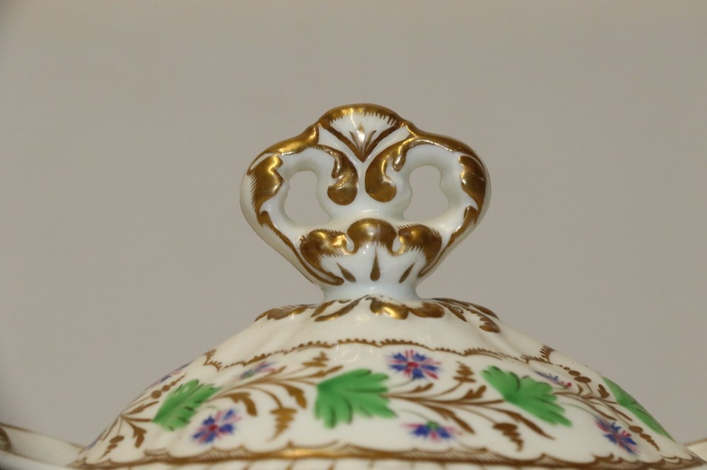 A white Regency Spode felspar porcelain covered sucrier featuring hand-painted green leaves, blue cornflowers, twin scrolled handles, and gilded embellishments. View VIII