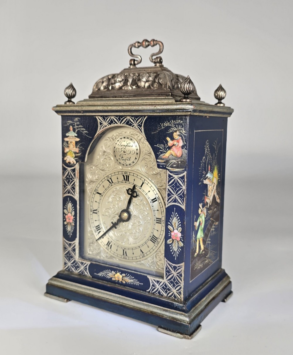 A rare miniature blue lacquer and chinoiserie bracket clock