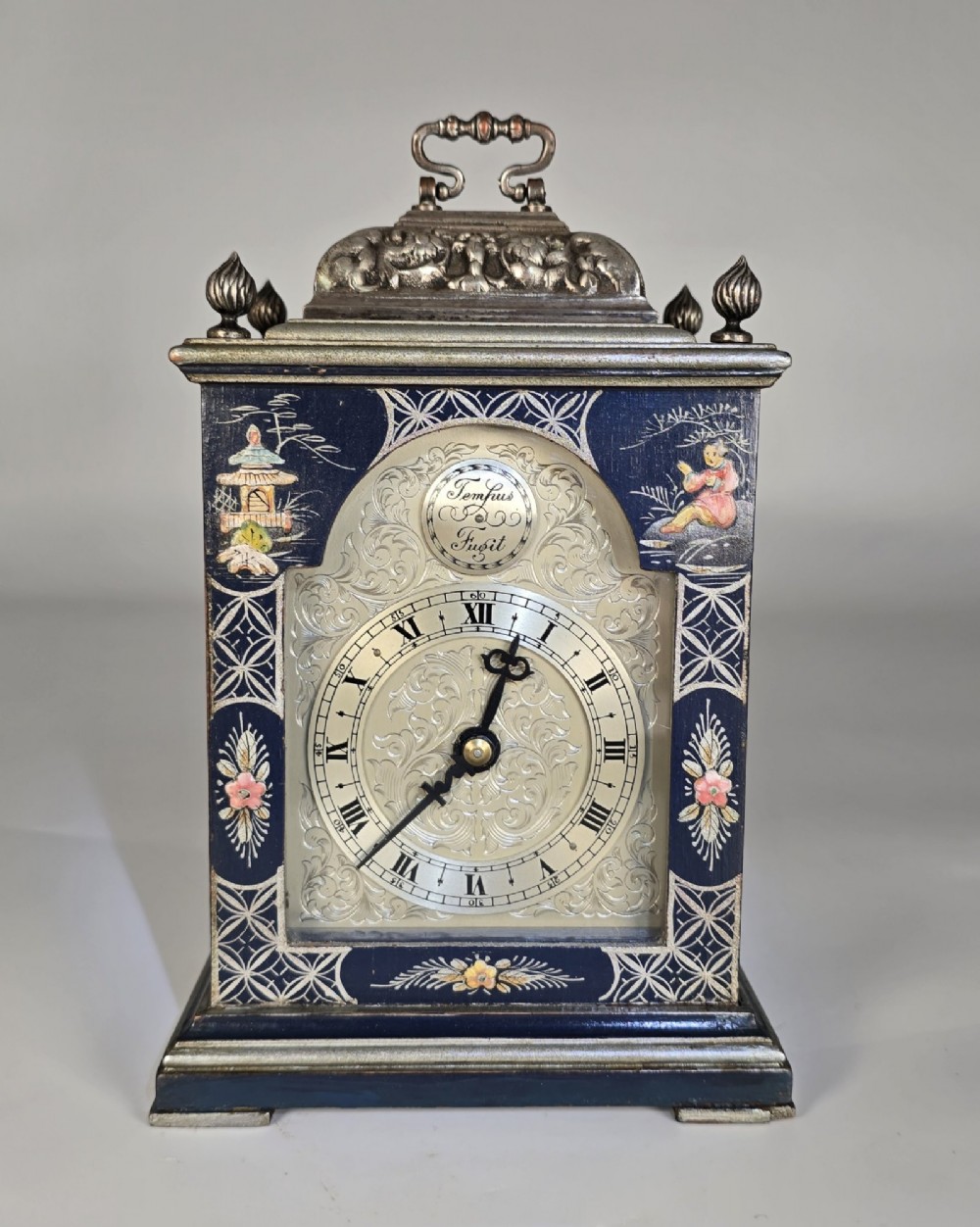 A rare miniature blue lacquer and chinoiserie bracket clock View III