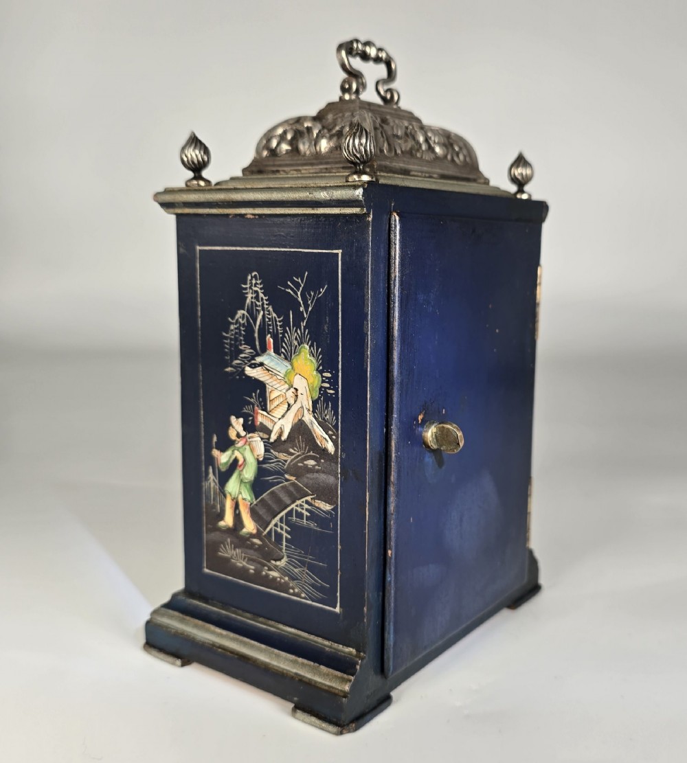 A rare miniature blue lacquer and chinoiserie bracket clock View V