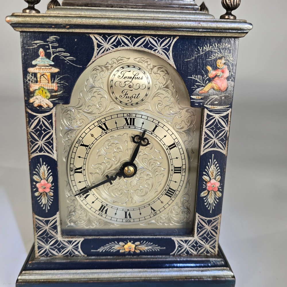 A rare miniature blue lacquer and chinoiserie bracket clock View IX