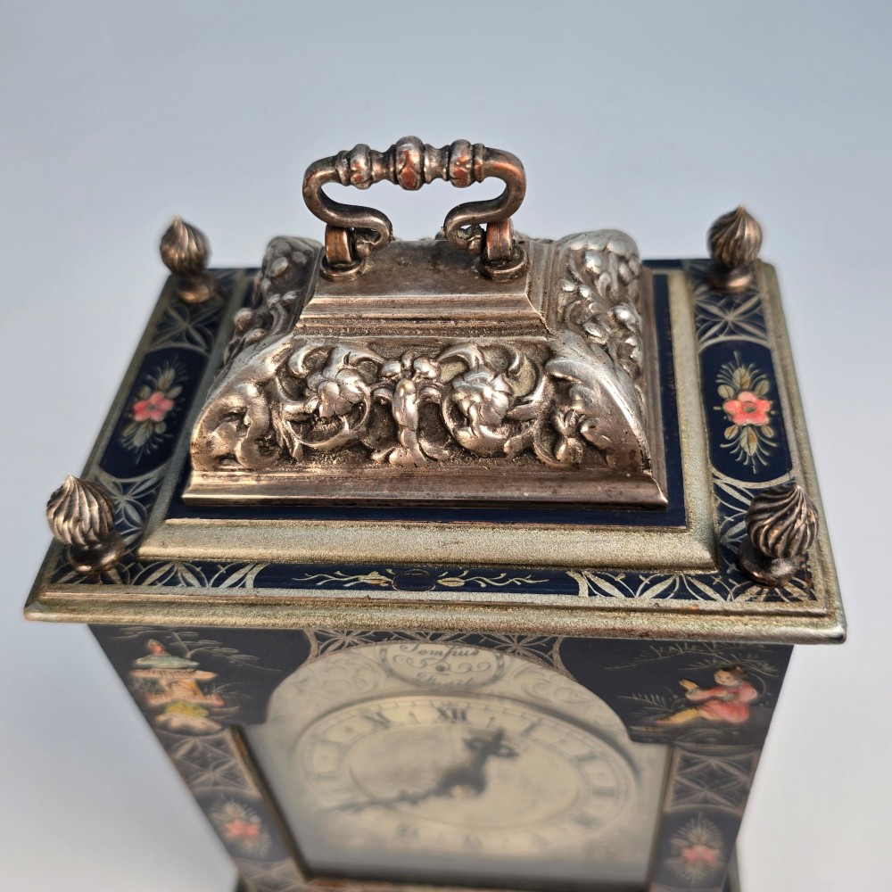 A rare miniature blue lacquer and chinoiserie bracket clock View X