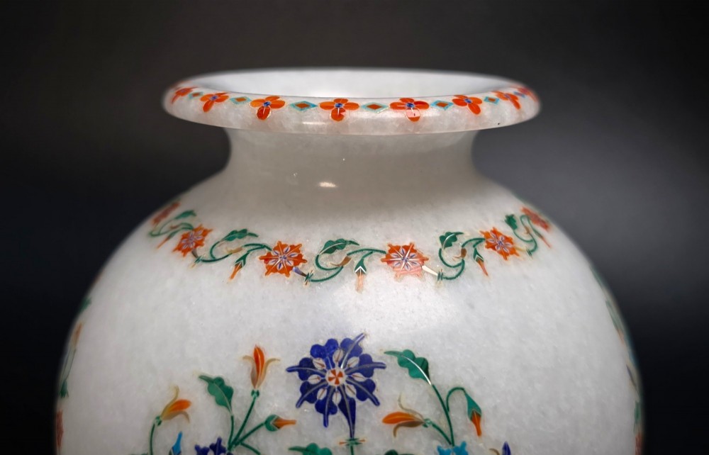 A globular white marble vase decorated with colourful floral inlays made from semi-precious stones. View XI