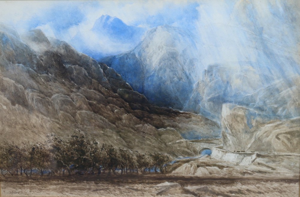 A framed 19th-century watercolour painting depicting the mountainous Pass of Llanberis in North Wales under a blue sky, set within a molded oak frame with a gilt slip. View II
