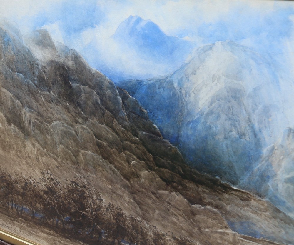 A framed 19th-century watercolour painting depicting the mountainous Pass of Llanberis in North Wales under a blue sky, set within a molded oak frame with a gilt slip. View IV