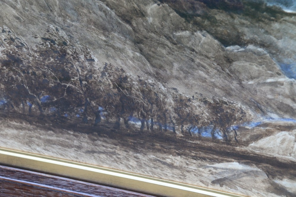A framed 19th-century watercolour painting depicting the mountainous Pass of Llanberis in North Wales under a blue sky, set within a molded oak frame with a gilt slip. View V