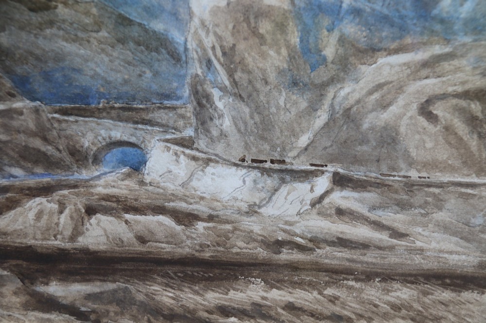 A framed 19th-century watercolour painting depicting the mountainous Pass of Llanberis in North Wales under a blue sky, set within a molded oak frame with a gilt slip. View VI
