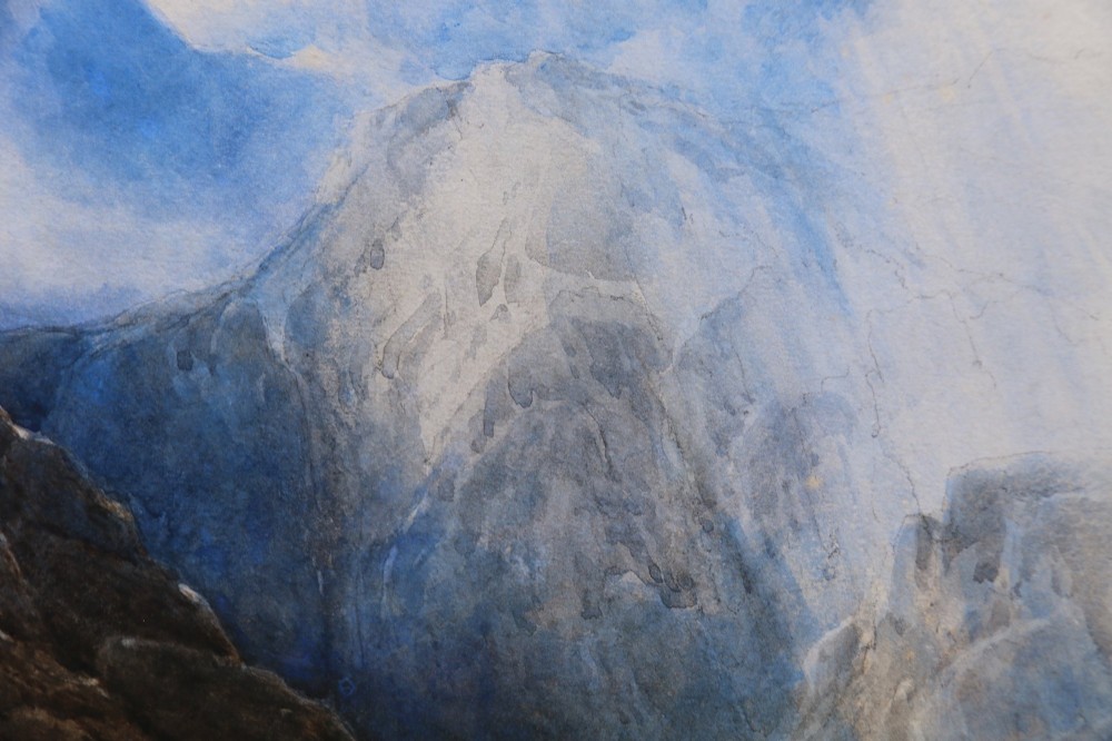 A framed 19th-century watercolour painting depicting the mountainous Pass of Llanberis in North Wales under a blue sky, set within a molded oak frame with a gilt slip. View VIII