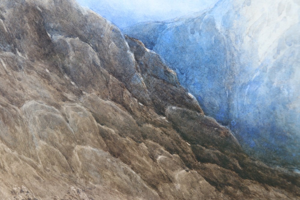 A framed 19th-century watercolour painting depicting the mountainous Pass of Llanberis in North Wales under a blue sky, set within a molded oak frame with a gilt slip. View IX